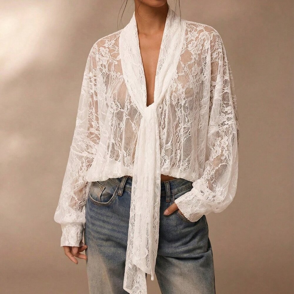 White Casual Women's Semi-Sheer Kimono Sleeves Shirt
